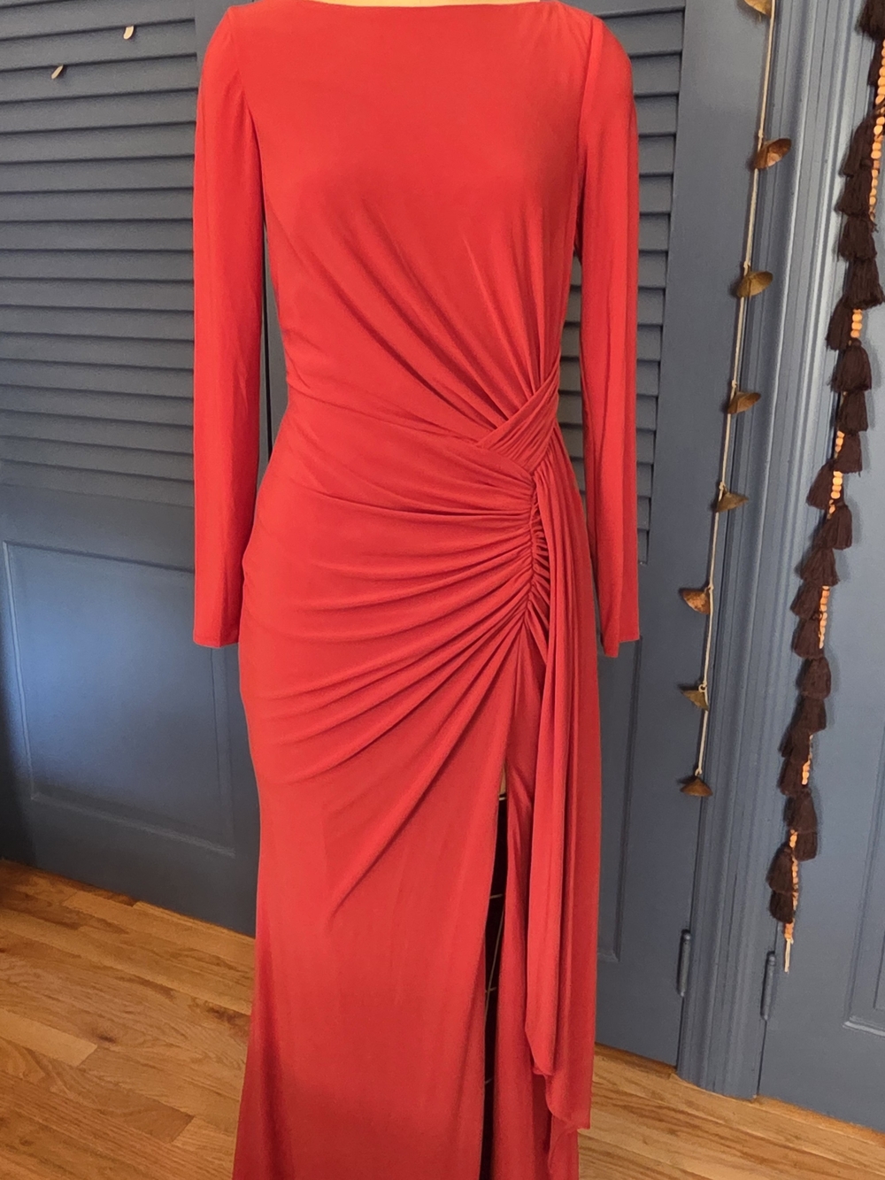 NWT Ieena for Mac Duggal Ruched Long Sleeve Boat Neck Gown Brick Red Orange 4